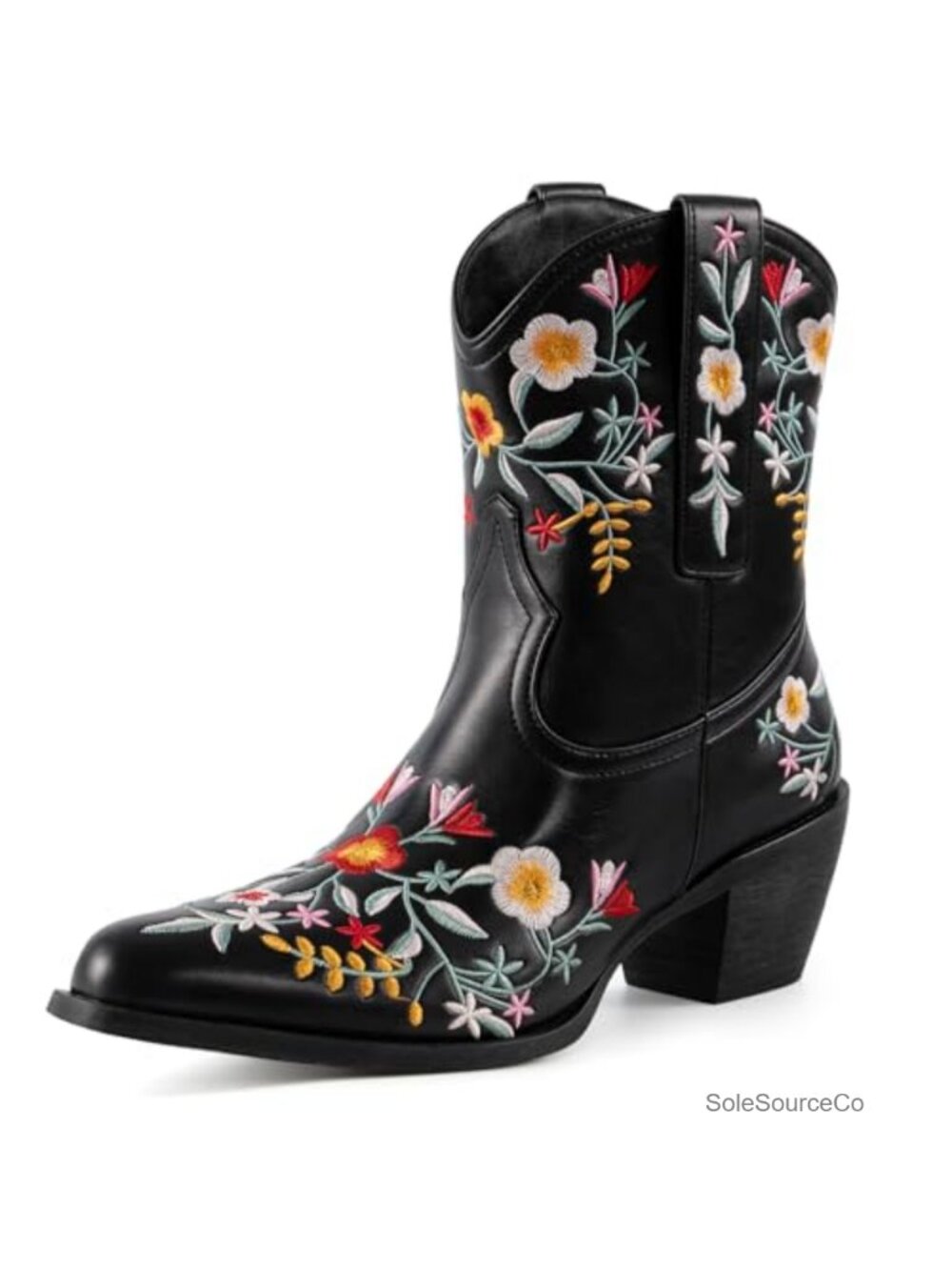 Women's Embroidered Square Toe Cowboy Boots Chunky Heel Pull On